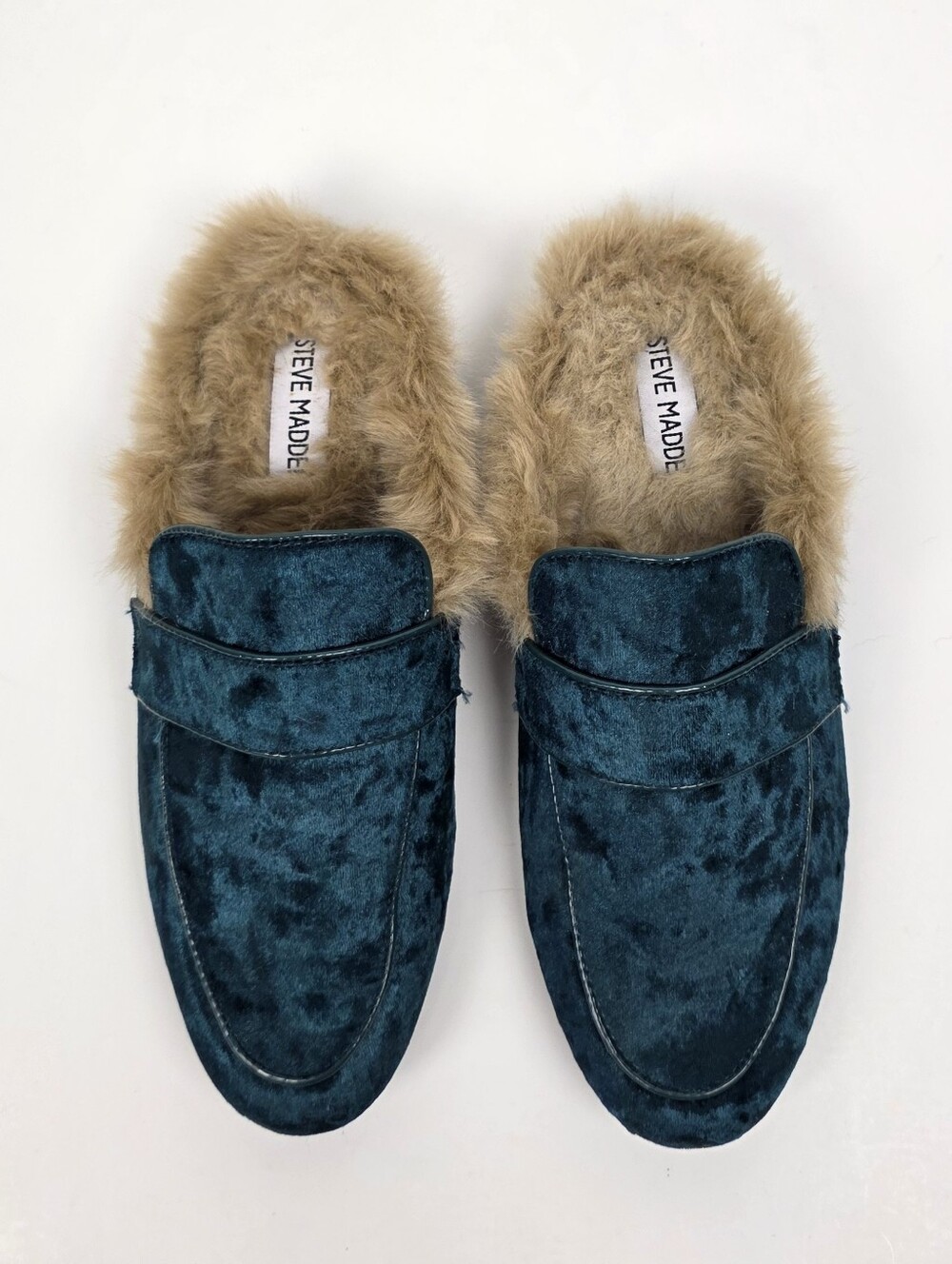 Steve Madden Kaden Green Velvet Fur Smoking Flats Loafer Mule - 7.5 - Picture 2 of 11